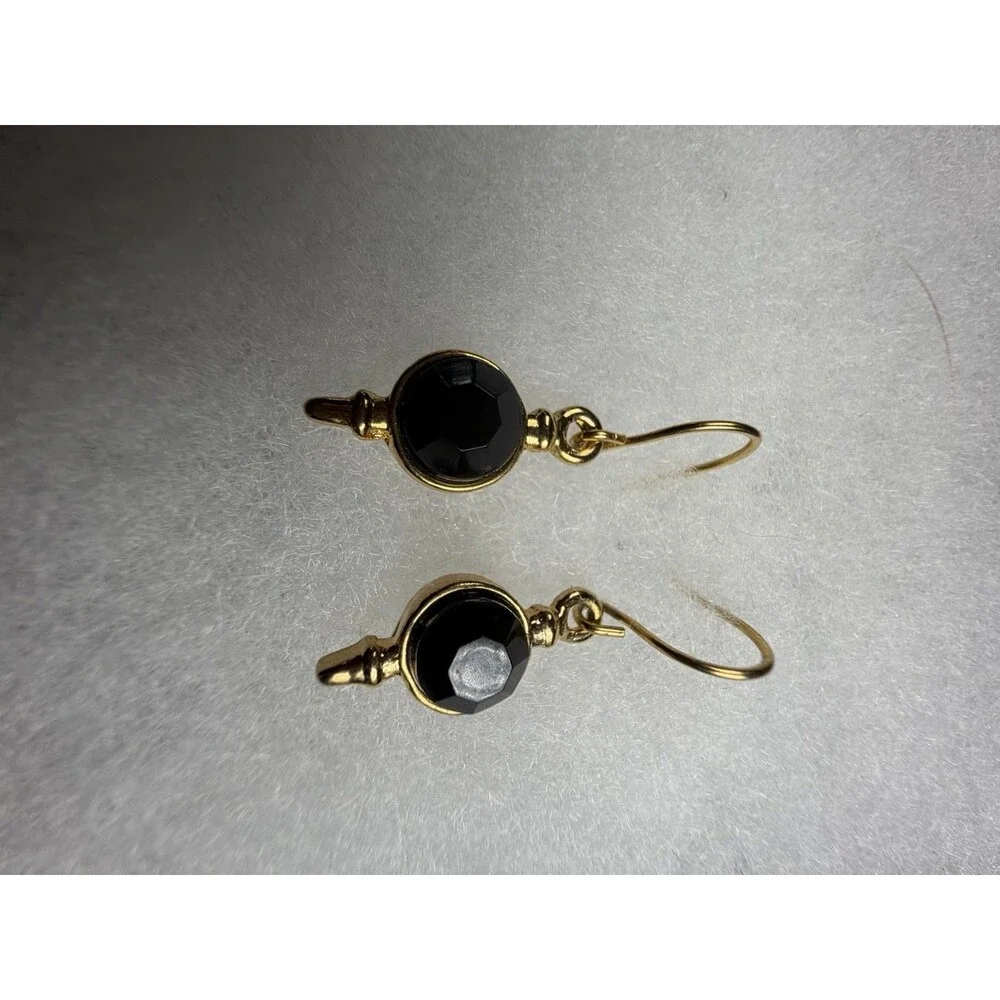 Vintage 1990s Black Faceted Stone Gold Tone Dangle Earrings Gothic Glam